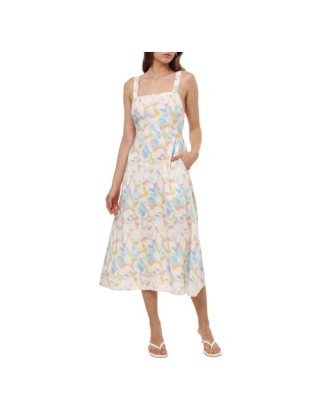 Linen Blend Midi Dress Square Neck Adjustable Strap Pockets